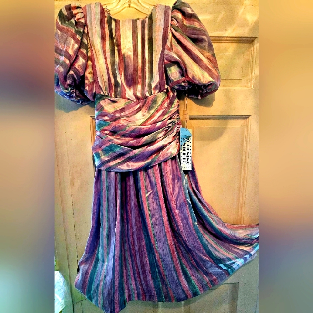Vintage NWT Pastel Ribbon Stripe Puff Slv Dress by Opening Night Sizes 6.